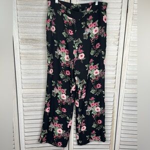 NINE WEST Casual Floral Print Pull On Pants Flared Hem Black/Pink-Large